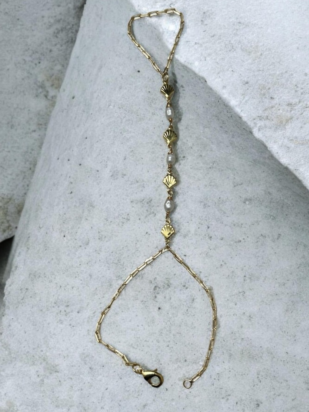 Handmade 18k Gold Plated Shell Pearl Accent Hand Chain Bracelet